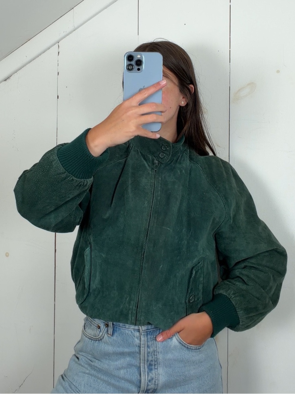 Vintage Green Suede Leather Zip Bomber Jacket Men’s Medium High Neck Raglan 90s